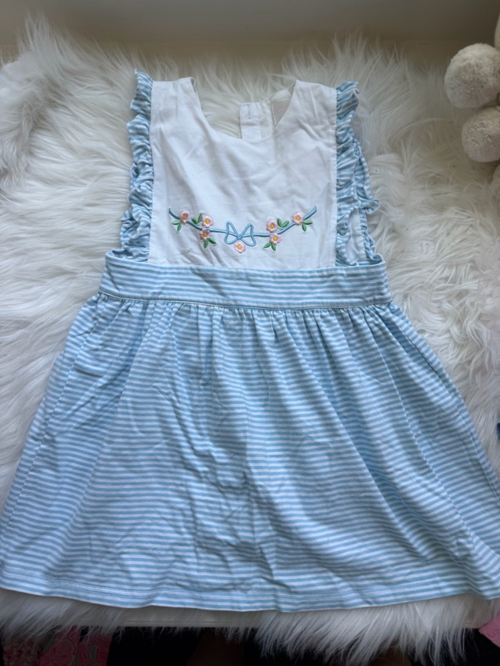 Blue & White Striped Floral Embroidered Girls' Dress